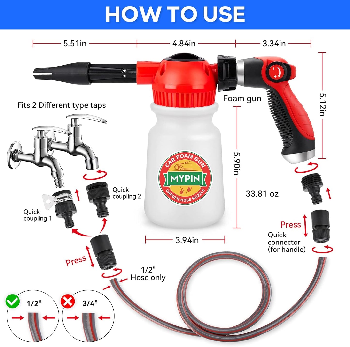 16 IN 1 Car Wash Foam Gun, Foam Cannon,Adjustable Hose Wash Sprayer with 2.5 to 6 Bars Foam Blaster,Wash Mitten &Towel,Suitable for Car Cleaning and Garden Use with 1/2” Quick Connector
