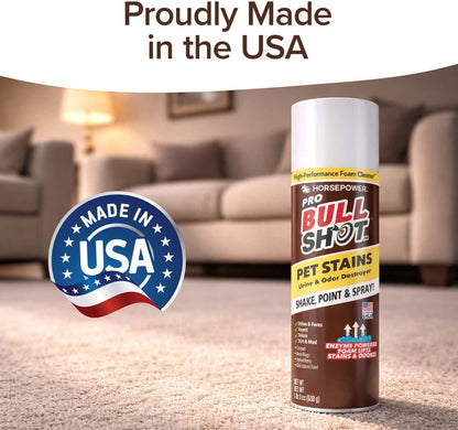 Bull Shot Pet Pro Stain Remover, AS SEEN ON TV, Urine & Odor Emulsifier, Enzyme-Powered Professional Strength Foam for Urine, Feces, Vomit, Odors, Dirt On Carpet, Area Rugs, Upholstery, Old Stains
