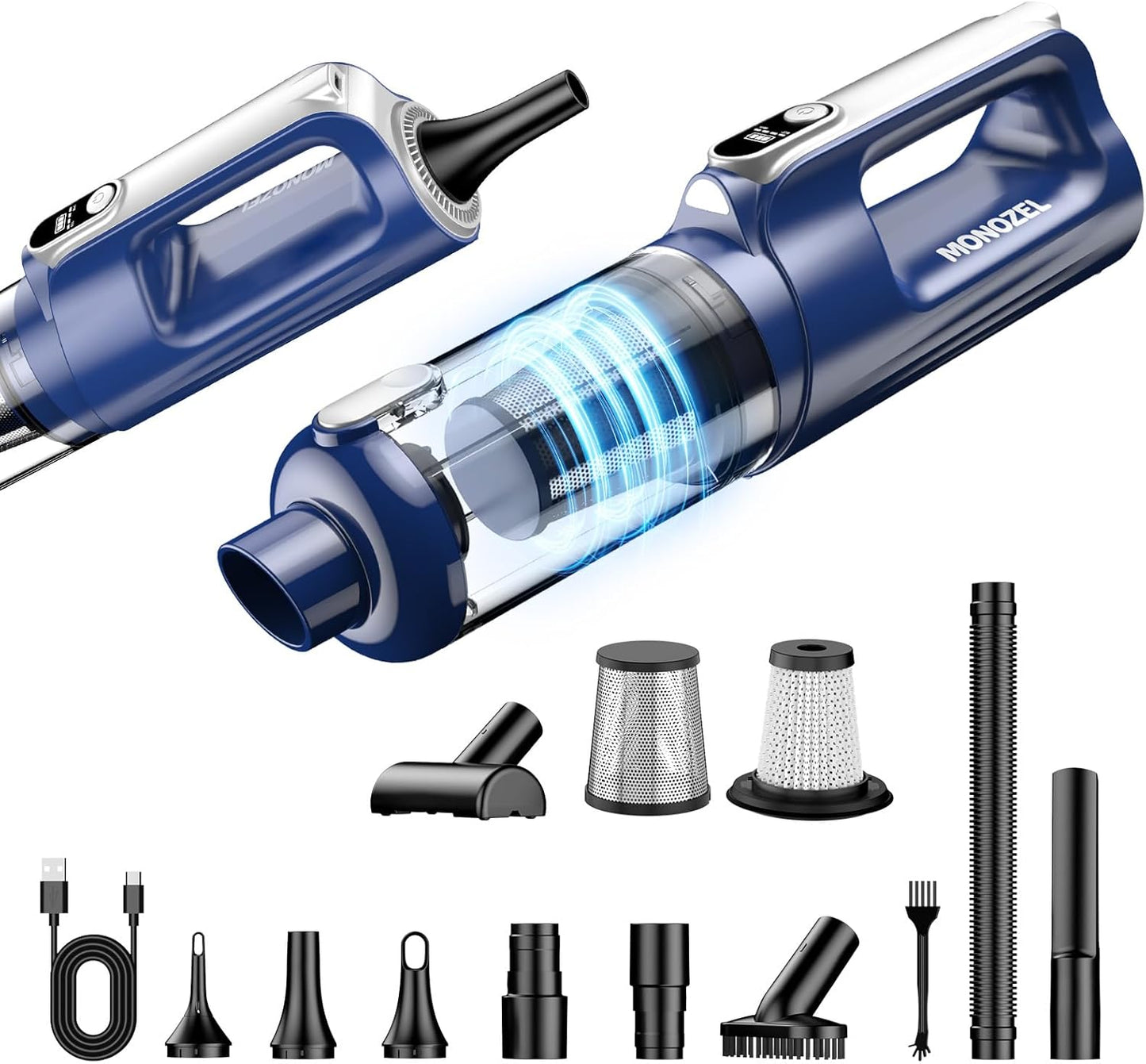MONOZEL Car Vacuum Portable Cordless, 18000Pa 2 in 1 Vacuum Cleaner&Air Duster, 130W Brushless Motor Handheld Vacuum Cordless with 7800mAh Battery, LED Light, Multi-Nozzles for Car, Home, Office, Pet