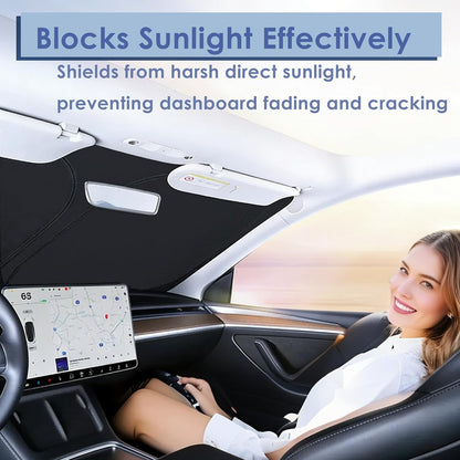 Windshield Sunshade for Tesla Model 3 & Model Y, Digital Printed Double-Sided Fabric Sun Visor, Silver Outside Black Inside UV Block Sunshade Compatible with 2017-2026 Model 3 2021-2026 Model Y