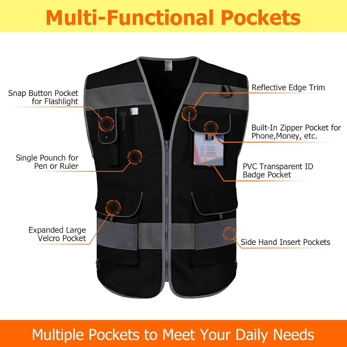 TCCFCCT Safety Vest for Men Women 9 Pockets High Visibility Vest for Safety, Reflective Work Vest with Reflective Strips, Meets ANSI/ISEA Standards, (Yellow, Large)