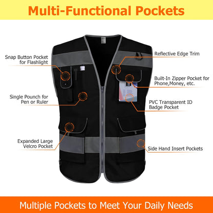 TCCFCCT Safety Vest for Men Women 9 Pockets High Visibility Vest for Safety, Reflective Work Vest with Reflective Strips, Meets ANSI/ISEA Standards, (Yellow, Large)