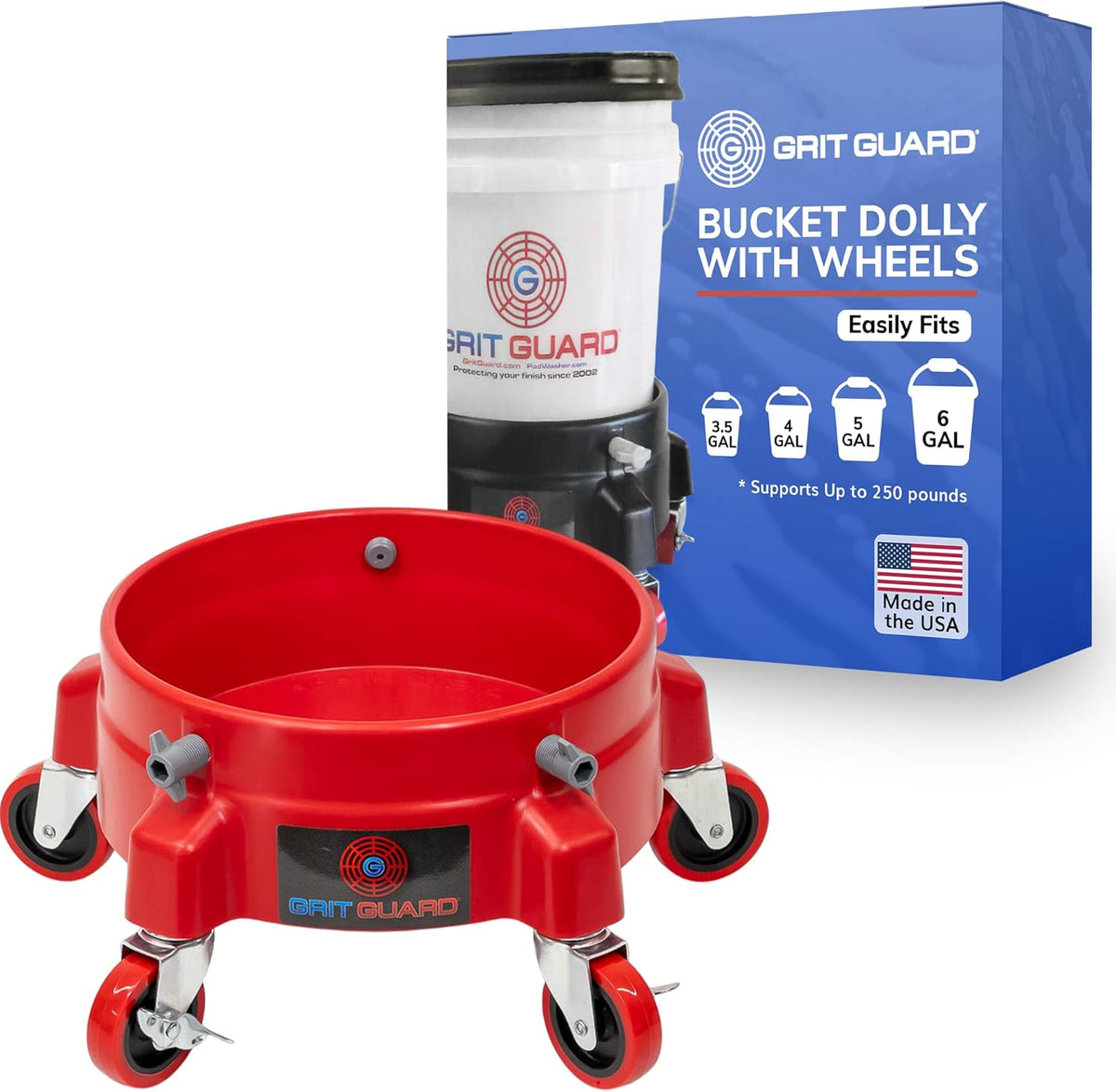 GRIT GUARD Bucket Dolly with Wheels - Rolling Detailing Wash Bucket with 5 Wheels and 2 Locking Casters Compatible with 2.5, 4, 5 and 6 Gallon Buckets (Black, 2" Red Casters) - Made in the USA