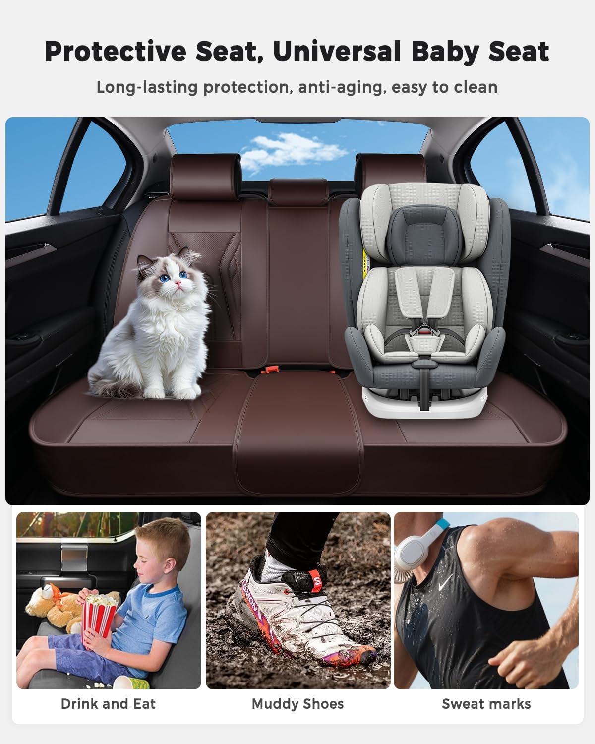 Huidasource Coffee Seat Covers Full Set, Universal Fit for Most Cars Trucks SUV, Full Coverage Leather Seat Cover, Airbag, Cupholder Compatible, Velcro Adjustable, Heaating/Cooling Function Retain