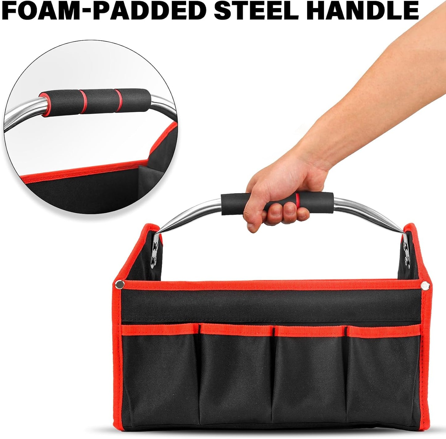 HAUTMEC 13 Inch Tool Bag, Foldable Open Top Tool Bag with Stiff Frame, Heavy-Duty Tool Tote with Padded Handle, Water-Resistant Base, Portable Tool Organizer for DIY & Jobsite Use – TB0001