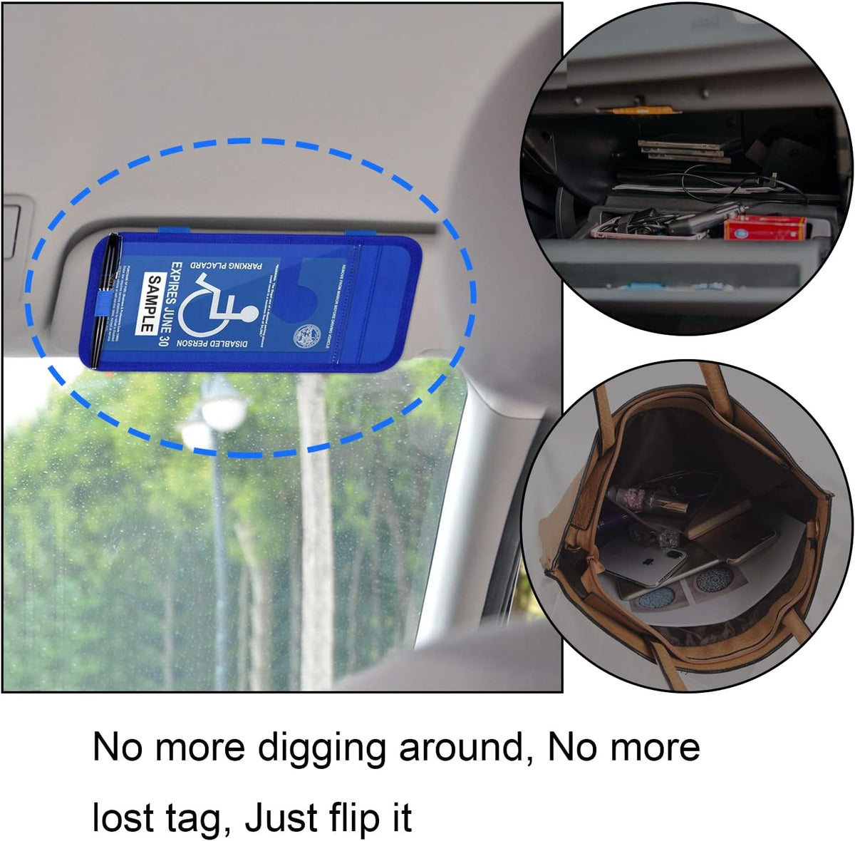 Handicap Placard Holder for Auto, Wisdompro Disabled Parking Permit Sign Protector for Car Sun Visor with Note Paper Slot, Pen Holder and Elastic Strap - Black