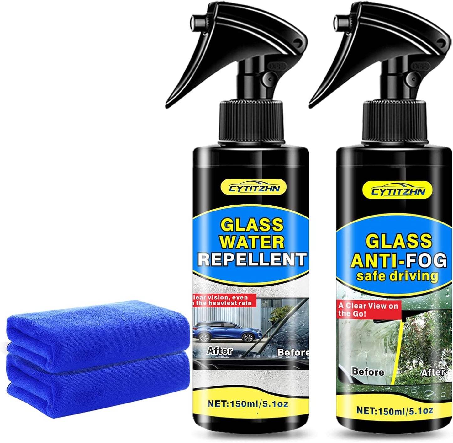 CYTITZHEN Water Repellent & Anti-Fog Spray for Quick Car Interior & Exterior Glass Care - Long-Lasting Hydrophobic Coating for Windshield, Windows, Mirrors & Helmets - Pack of 2