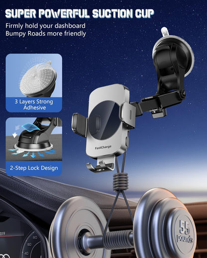 3-in-1 Wireless Car Charger Mount, 15W Fast Charging Auto-Clamping Phone Holder for iPhone 17 16 15 14, Samsung Galaxy S24 S23, Dashboard, Vent & Windshield Car Mount(Black)