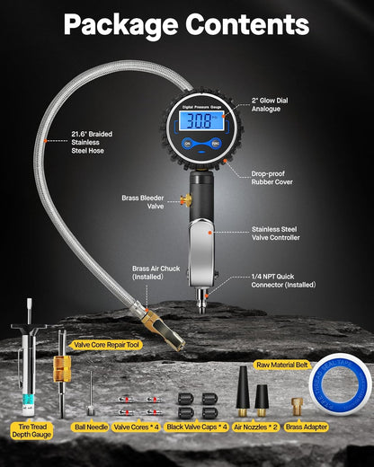 Tire Pressure Gauge - (0-60 PSI) Heavy Duty, Certified ANSI Accurate with Large 2 Inch Easy to Read Glow Dial, Low - High Air Pressure Gauge. Tire Gauge for Car and Trucks Tires by Vondior
