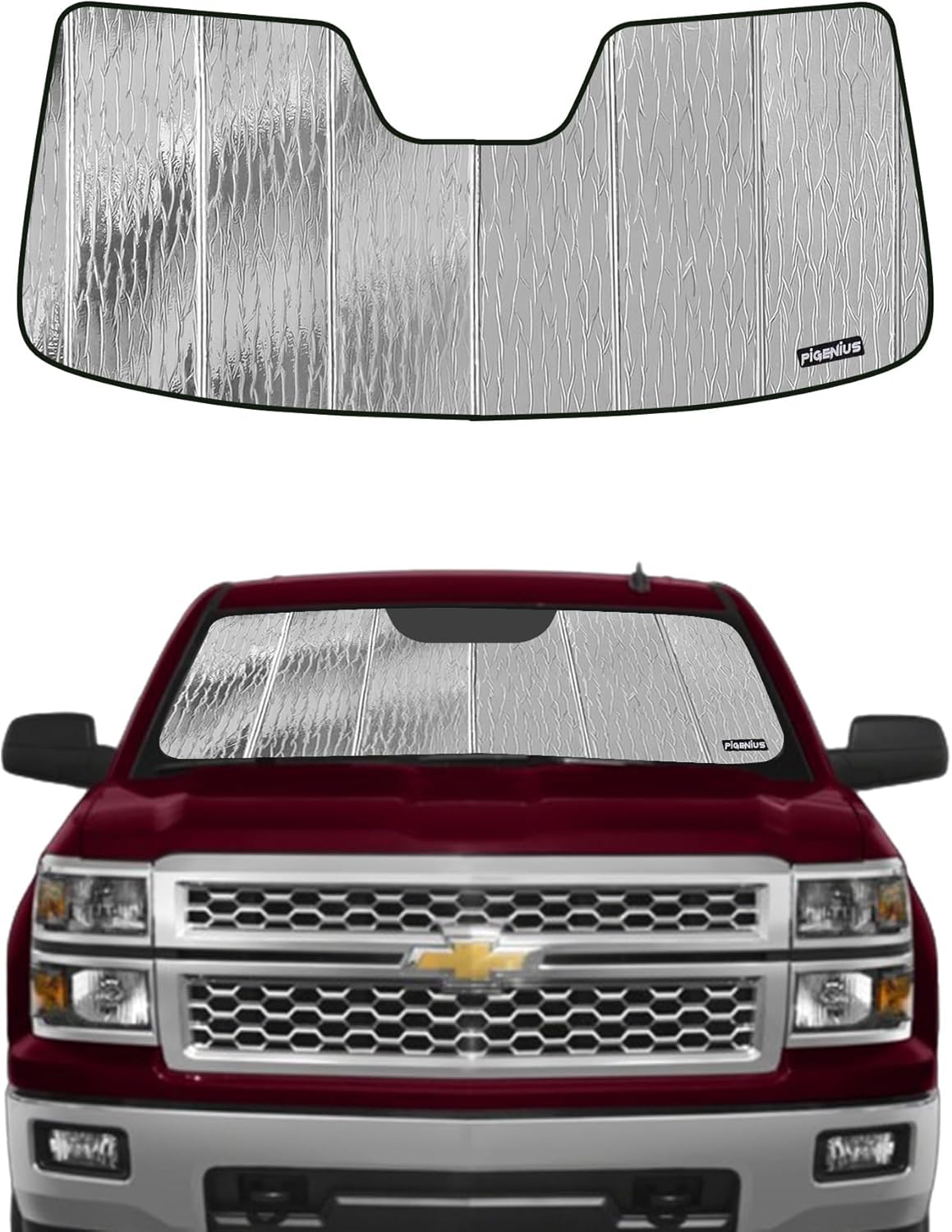 Pigenius Windshield Sunshade for Chevy Silverado/GMC Sierra 1500 2007-2013 (New Body Style Only), 2500HD/3500HD 2007-2014, Metallic Silver Finish