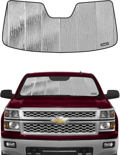 Pigenius Windshield Sunshade for Chevy Silverado/GMC Sierra 1500 2007-2013 (New Body Style Only), 2500HD/3500HD 2007-2014, Metallic Silver Finish