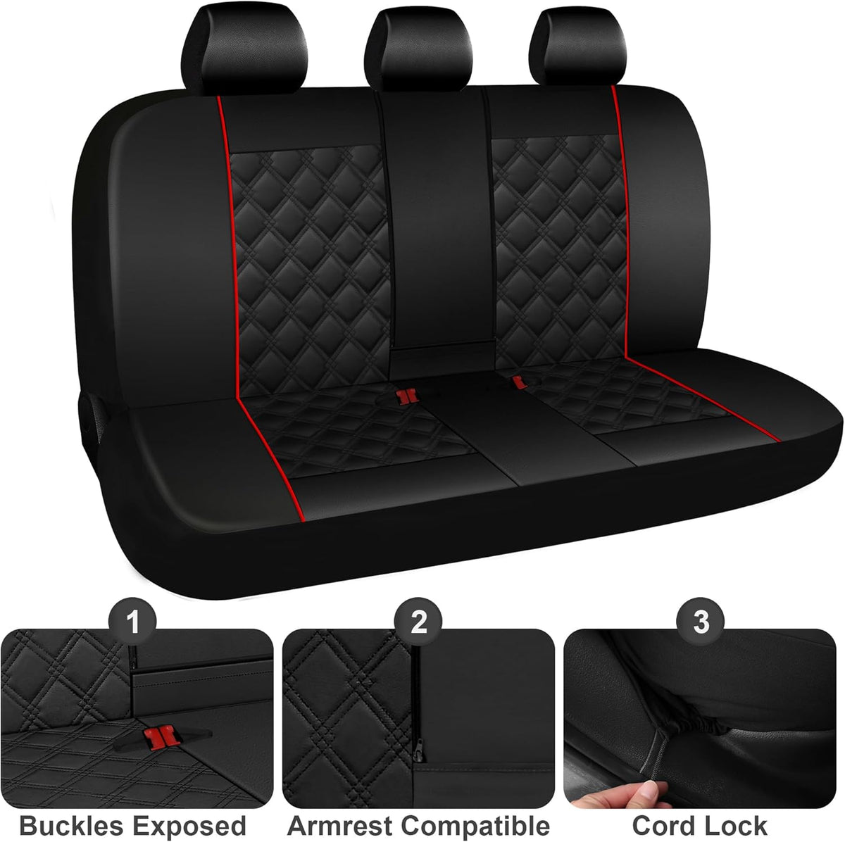 CAROMOP Luxury PU Leather Car Seat Covers Full Set-Waterproof Seat Protectors with Split Bench Seat Covers for Cars-Universal Cars Interior Covers for Sedans, SUVs, Pick-up Trucks(Gray/Gray Line)