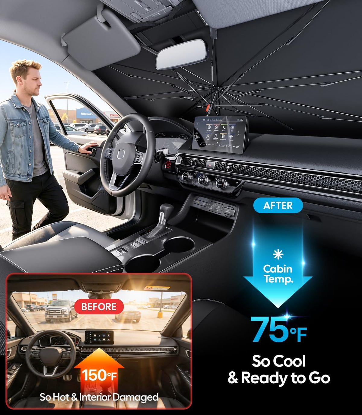 Wigoo Windshield Sun Shade Umbrella for Tesla Model Y [100% Sun Blockage, Ice Cooling Fabric] Foldable Heat Insulation Front Window Sunshade Umbrella for Tesla Model Y 2020–2026 (Juniper)
