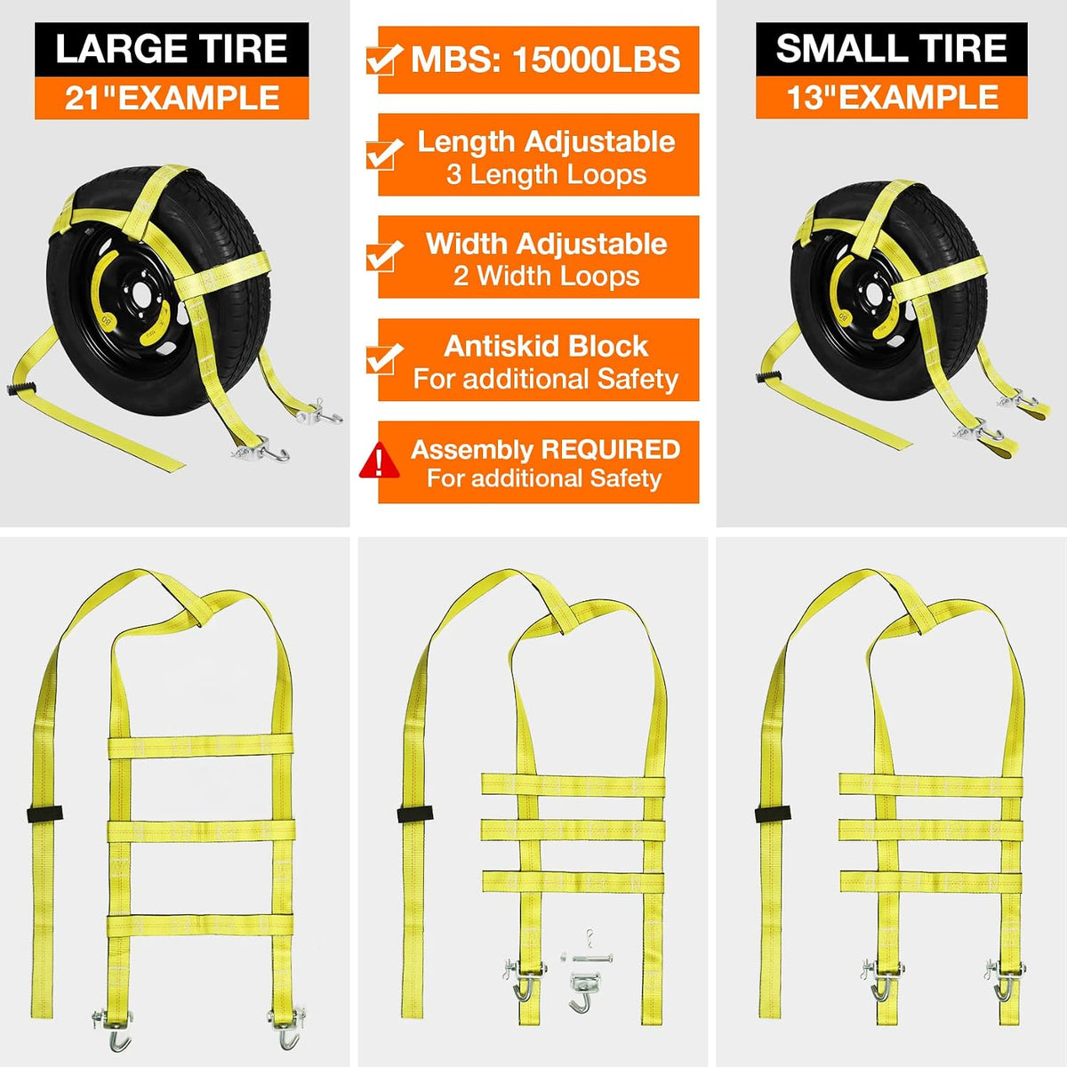 Tow Dolly Basket Straps with Flat Hook-2 Pack,Car Wheel Strap Tire Bonnet Net Fits 14"-19" Tires Auto Universal Vehicle Car Dolly Ropes Accessories