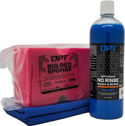 Optimum No Rinse Version 5 (32 Oz) and Big Red Sponge (BRS) Car Cleaning Kit, ONR Rinseless Car Wash and Wash Sponge for Washing and Auto Detailing