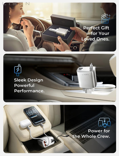 LISEN Retractable Car Charger, 84W Car Charger USB C Fast Charger, Cigarette Lighter USB Charger Adapter, Car Accessories Birthday Gifts for Men Women Dad Mom Husband, for iPhone 17 16 15 14 13 12 11
