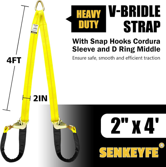 2" x 4' Axle Tie Down V-Bridle Recovery Tow Traile Strap 4700LBS | Polyester Webbing w/Cordura Sleeves and Axle Straps, Snap Hooks Design, Middle D-rings Design, Ideal for All Vehicle Models