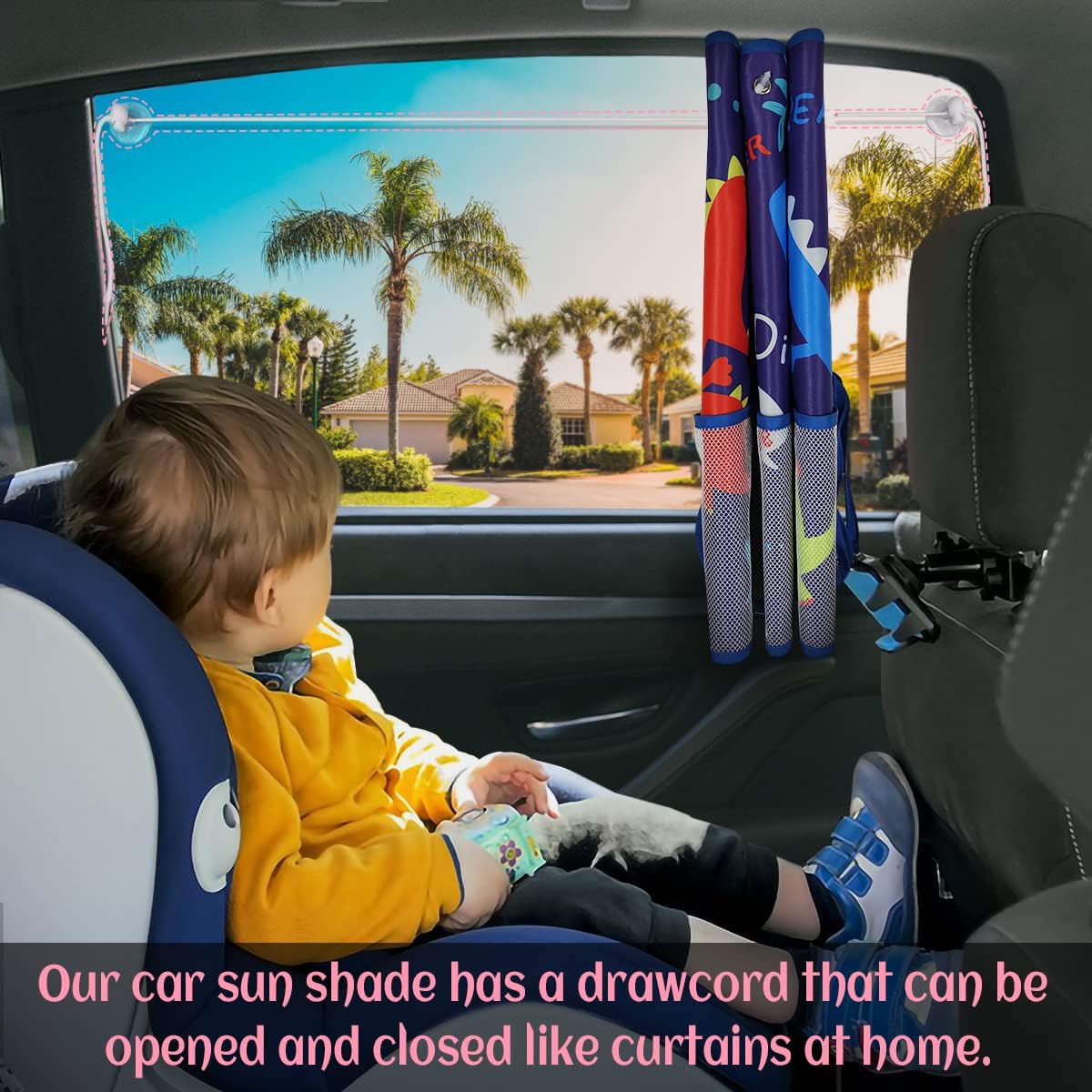 Car Sun Shade Side Window, 2 Pcs Blackout Car Window Shade for Baby Privacy with Storage Net Pockets Auto Curtains 7 Suction Cups for Heat/UV Protection Sun Block Covers