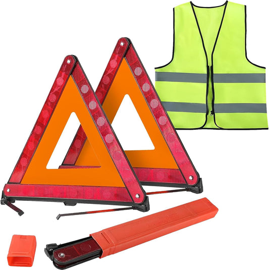 DASBET 2 Pack Emergency Warning Triangles with 1 Pack Reflective Vest, Reflective Roadside Safety Triangles with Storage Case, Foldable Warning Triangle for Vehicles Breakdown