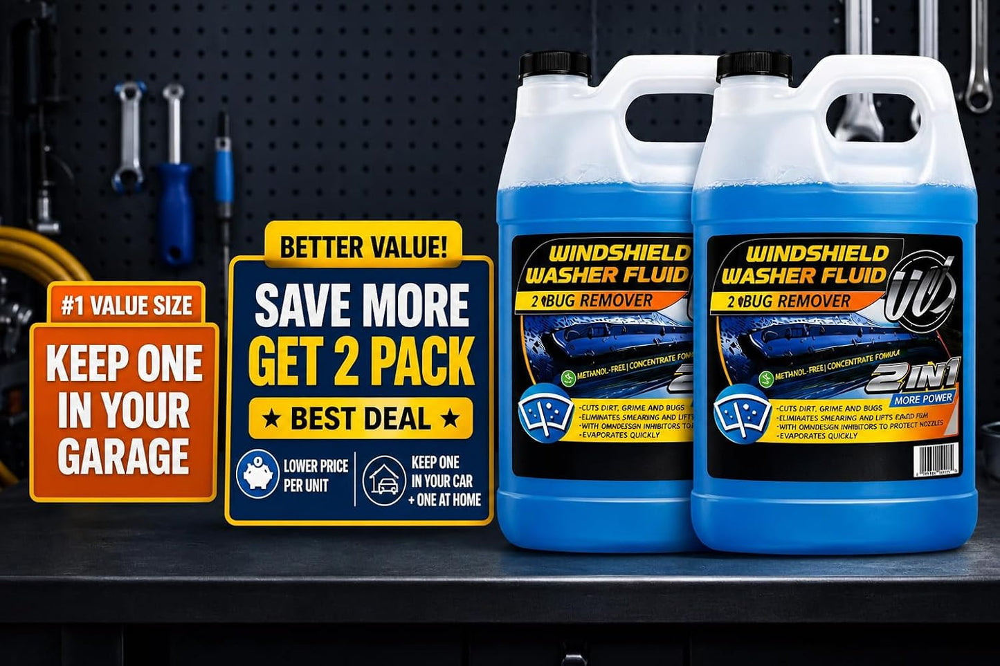 UCS 2-in-1 Windshield Washer Fluid 2-Pack (1 Gallon Each, 256 fl oz Total) – Ready to Use, Streak-Free Formula, All-Weather Cleaning, Removes Bugs, Dirt & Road Grime – Premium Windshield Cleaner