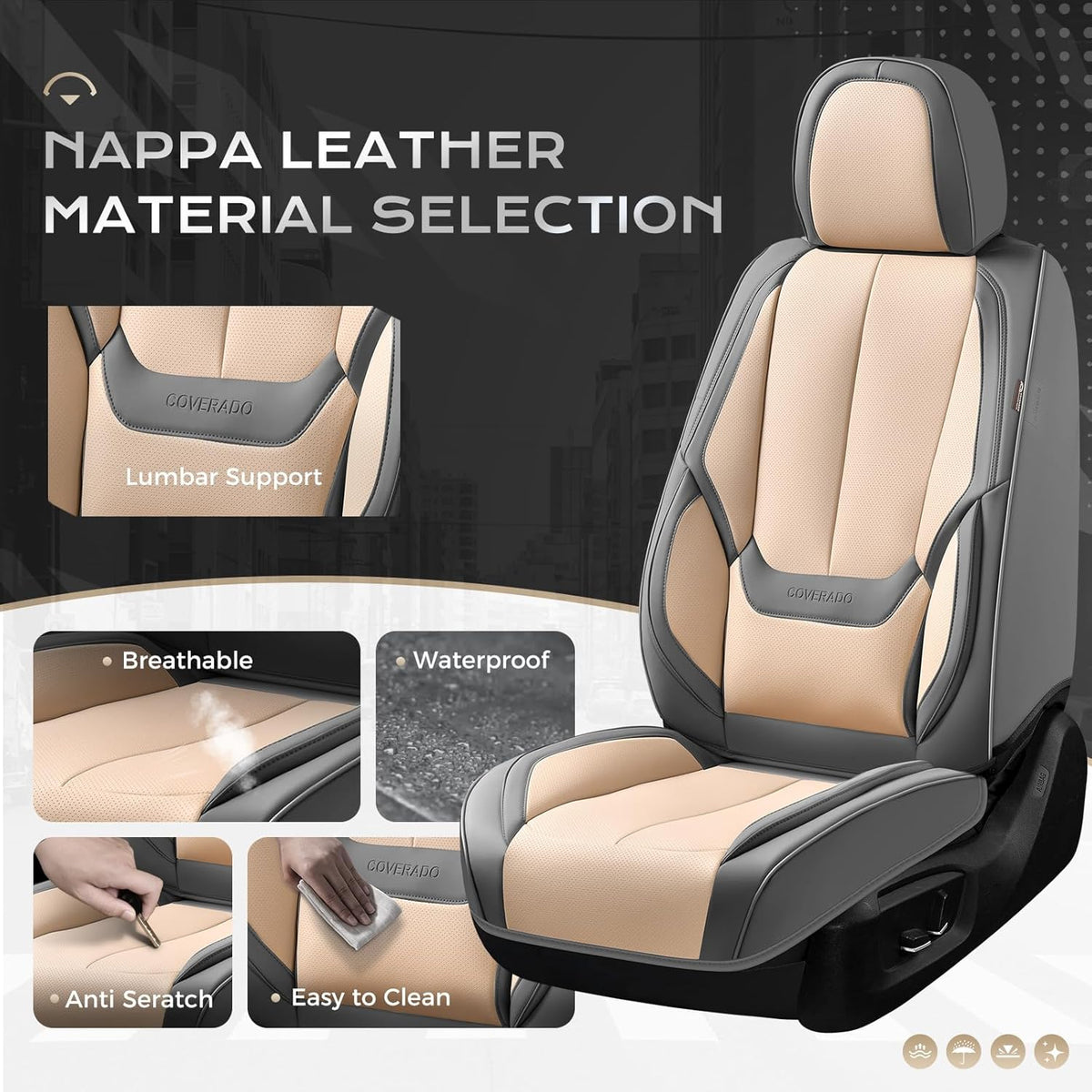 Coverado Seat Covers Full Set, Black Seat Covers for Cars 5 Seats, Car Seat Protector, Waterproof Nappa Leather Car Seat Cushion, Front and Rear Car Seat Cover Fit for Most Sedans SUV Pick-up Truck - Colors B