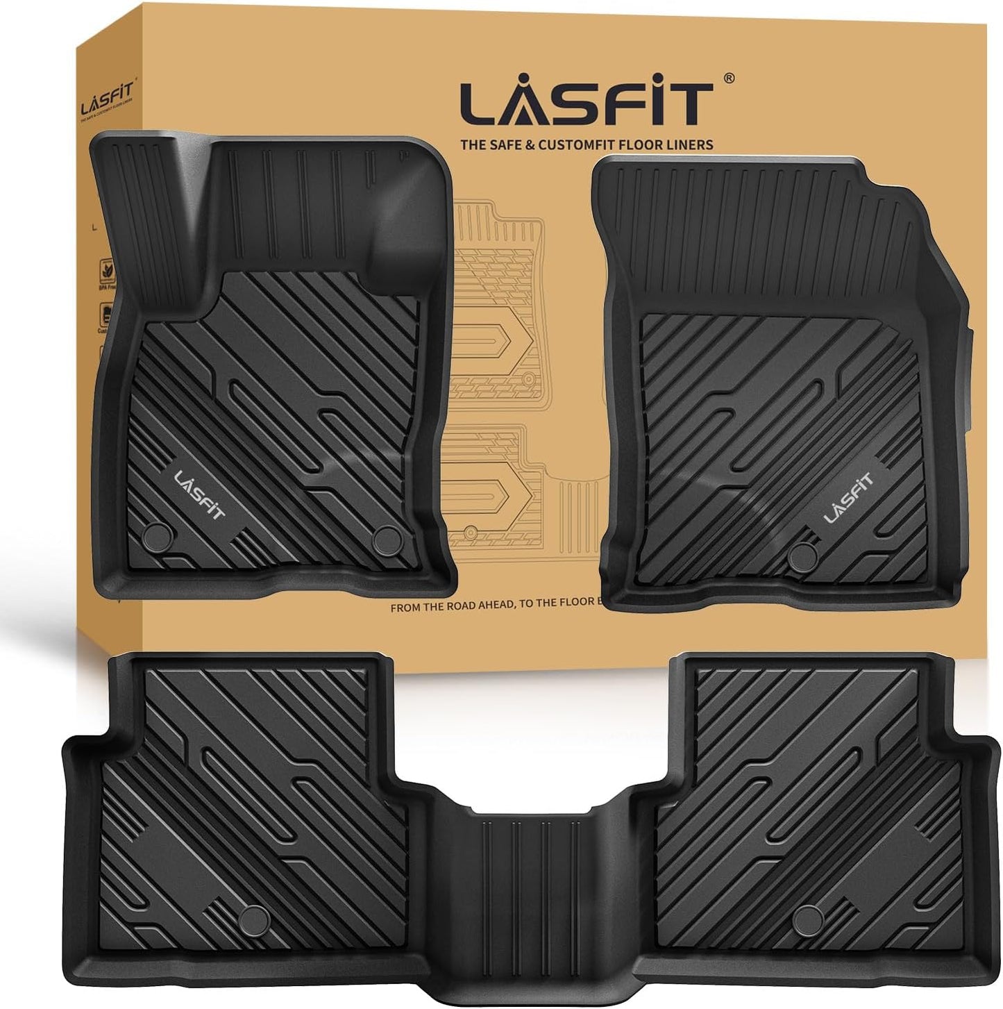 LASFIT Floor Mats for Ford F-150 2021-2026 | F150 Lightning 2022-2025 SuperCrew (Rear w/Fold Flat Storage) Carpet Floor All Weather Car Liners TPE Truck Mats - 1st and 2nd Row, 3pcs Black
