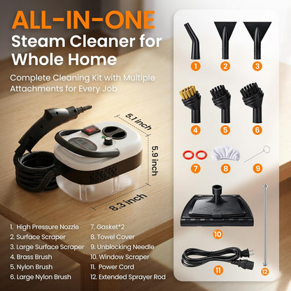 2500W Handheld Steam Cleaner for Home, 6-Level High Pressure Steam Gun, Steam Machine w/40.6oz Tank, Portable Car Steamer for Auto Detailing & Cleaning, Car, Floor, Furniture, Tile Grout, Wall