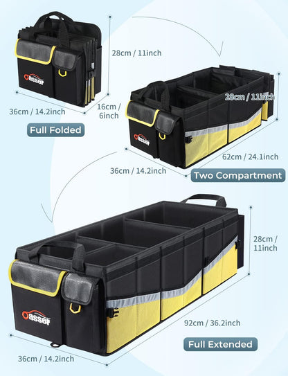 Oasser Car Trunk Organizer, 3 Compartments Collapsible Waterproof Car Organizer Storage with Foldable Cover, Reflective Strip, Non-Slip Bottom, 4 Mesh Pockets for SUV/Truck/Sedan/Camping/Road Trip