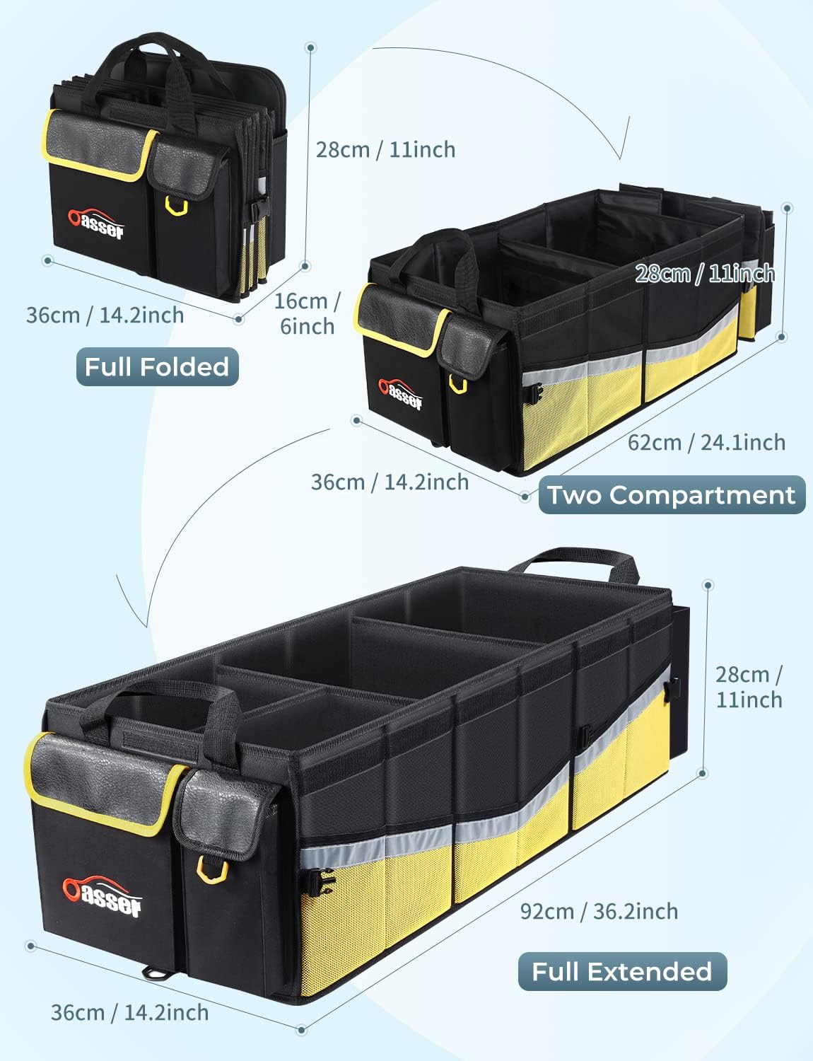 Oasser Car Trunk Organizer, 3 Compartments Collapsible Waterproof Car Organizer Storage with Foldable Cover, Reflective Strip, Non-Slip Bottom, 4 Mesh Pockets for SUV/Truck/Sedan/Camping/Road Trip