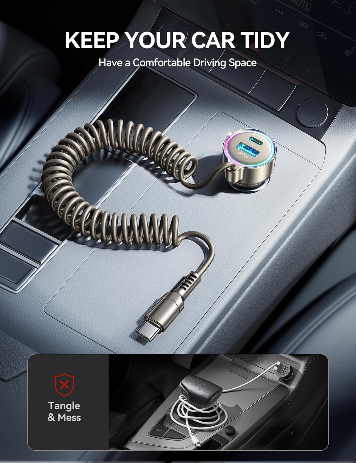USB C 90W Car Charger for iPhone 17/16 Pro Max, PD & QC3.0 w/5 ft 45W Type Coiled Cable, Fast Car Phone Charger Adapter for iPhone 17Air/15 Pro, Samsung Galaxy S26/S25/S24, Pixel 10/LG/Android, iPad