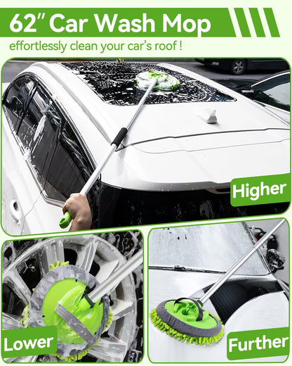 8Pcs Car Wash Kit, 62’’ Car Wash Brush with Long Handle, Microfiber Carwash Kit Set, Car Washing Supplies for Cars RV Truck Exterior
