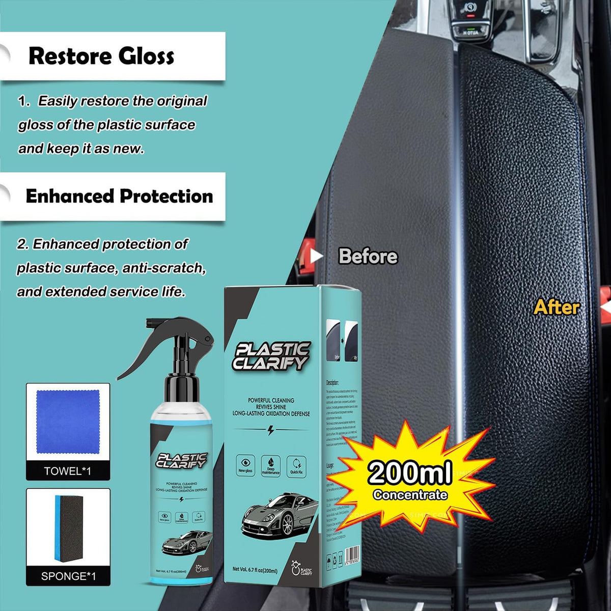 Car Trim & Plastic Restorer for Refreshing Faded Plastic, Leather, Vinyl & Rubber Trim with Polish, Black Plastic Restorer Automotive Shiny Stuff, Black Car Exterior & Interior Care-200ml