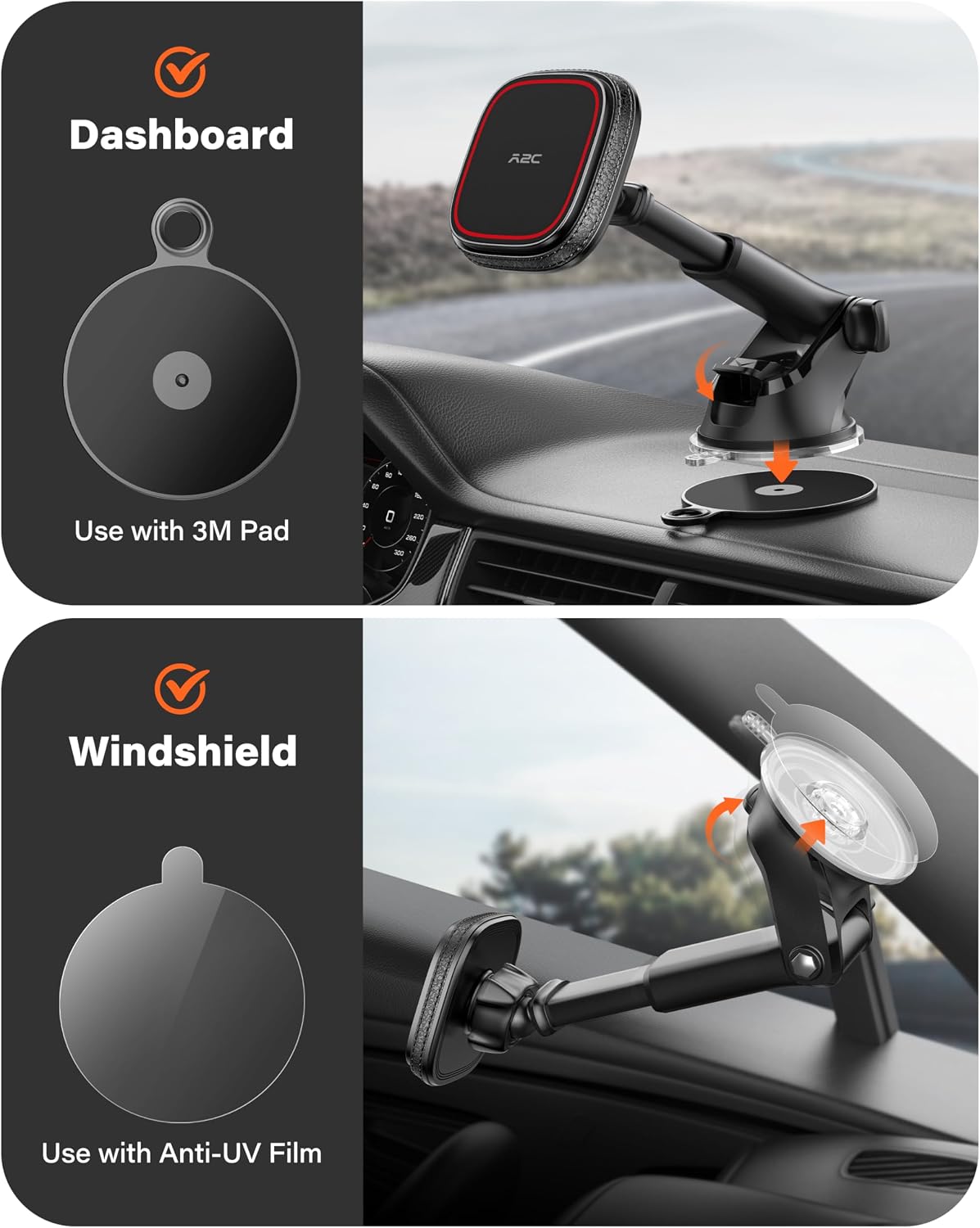 APPS2Car Magnetic Phone Mount for Car, Dashboard & Windshield Suction Cup Holder with Telescopic Arm, Requires Metal Plate for Proper Use, Fit for Android Smartphones(NOT for MagSafe)