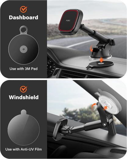 APPS2Car Magnetic Phone Mount for Car, Dashboard & Windshield Suction Cup Holder with Telescopic Arm, Requires Metal Plate for Proper Use, Fit for Android Smartphones(NOT for MagSafe)