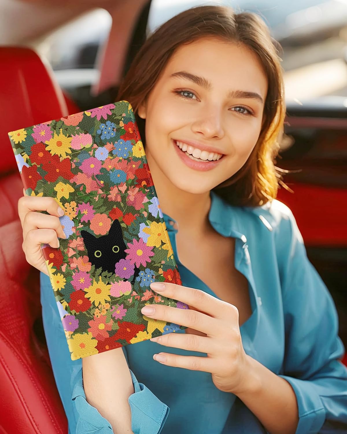 Slohif Car Registration and Insurance Card Holder with Magnetic Shut - Vehicle Glove Box Organizer Women Leather Automobile License Holders Coasters Auto Accessories Case for Document,Strawberry
