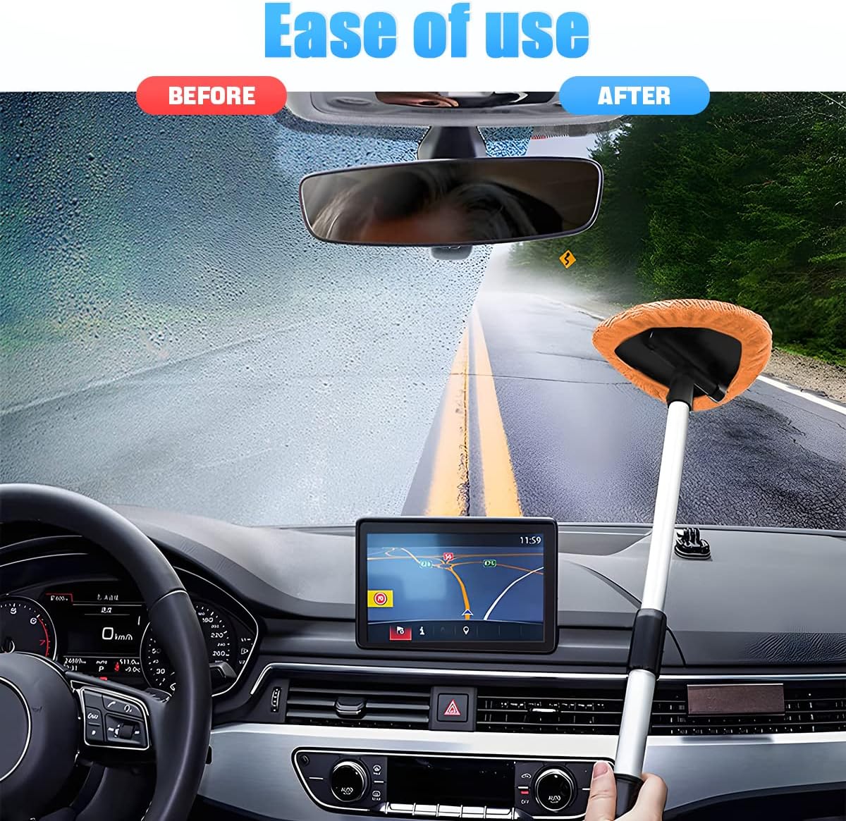Windshield Cleaning Tool, Car Window Cleaner with Extendable Long Handle and 4 Washable Reusable Microfiber Pads, Auto Interior Exterior Glass Wiper Cleaning Kit Universal for Office and Home (Blue)