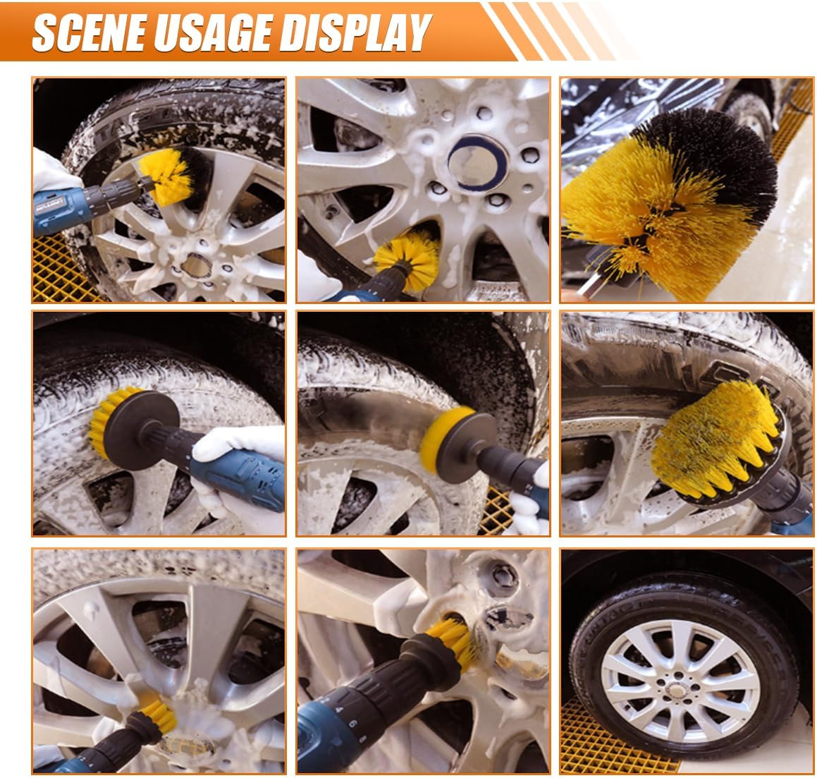 3PCS Car Detailing Drill Brush Set, Car Interior Power Scrubber Brush, Wheel Cleaner Drill Brush, Car Wash Cleaning Kit for Floor, Grout, Car Mats, Tub, Tile, Bathroom, Carpet (Yellow)
