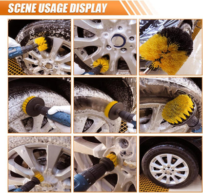 3PCS Car Detailing Drill Brush Set, Car Interior Power Scrubber Brush, Wheel Cleaner Drill Brush, Car Wash Cleaning Kit for Floor, Grout, Car Mats, Tub, Tile, Bathroom, Carpet (Yellow)