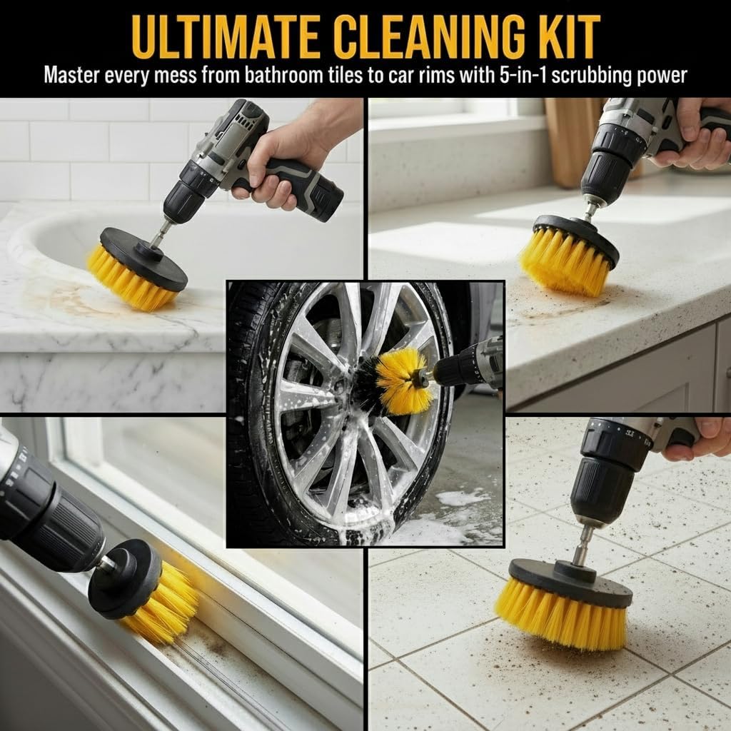 Drill Brush Attachment Set, 5 Pack Power Scrubber Cleaning Brush Kit with Extension Rod for Bathroom, Tub, Tile, Grout, Kitchen, Floor and Wheel Rims (Blue)