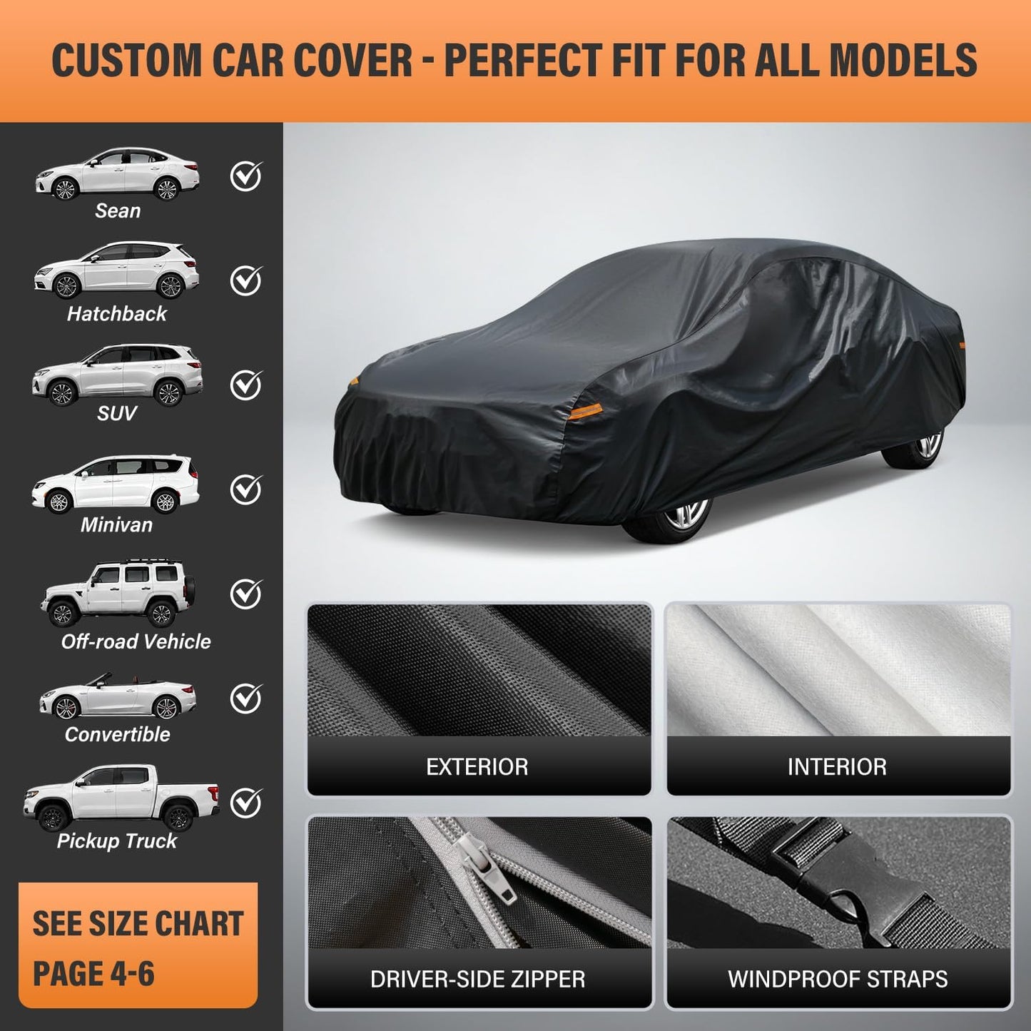 Kayme Sedan Car Cover Waterproof All Weather for Automobiles - See Vehicle Size Chart for Accurate Fit - Outdoor Full Exterior Cover Sun Rain Snow UV Protection with Zipper. Size A4 (See Size Chart)