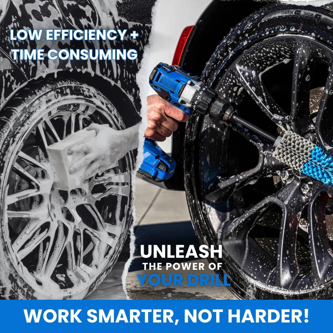 Long Reach Drill Brush Attachment, All Purpose for Car Tires, Wheels, Wheel Wells, Engine Bays, Exhaust Pipes, Running Boards, Hard to Reach Areas, with Heavy Duty Non-Scratch Nylon Bristles