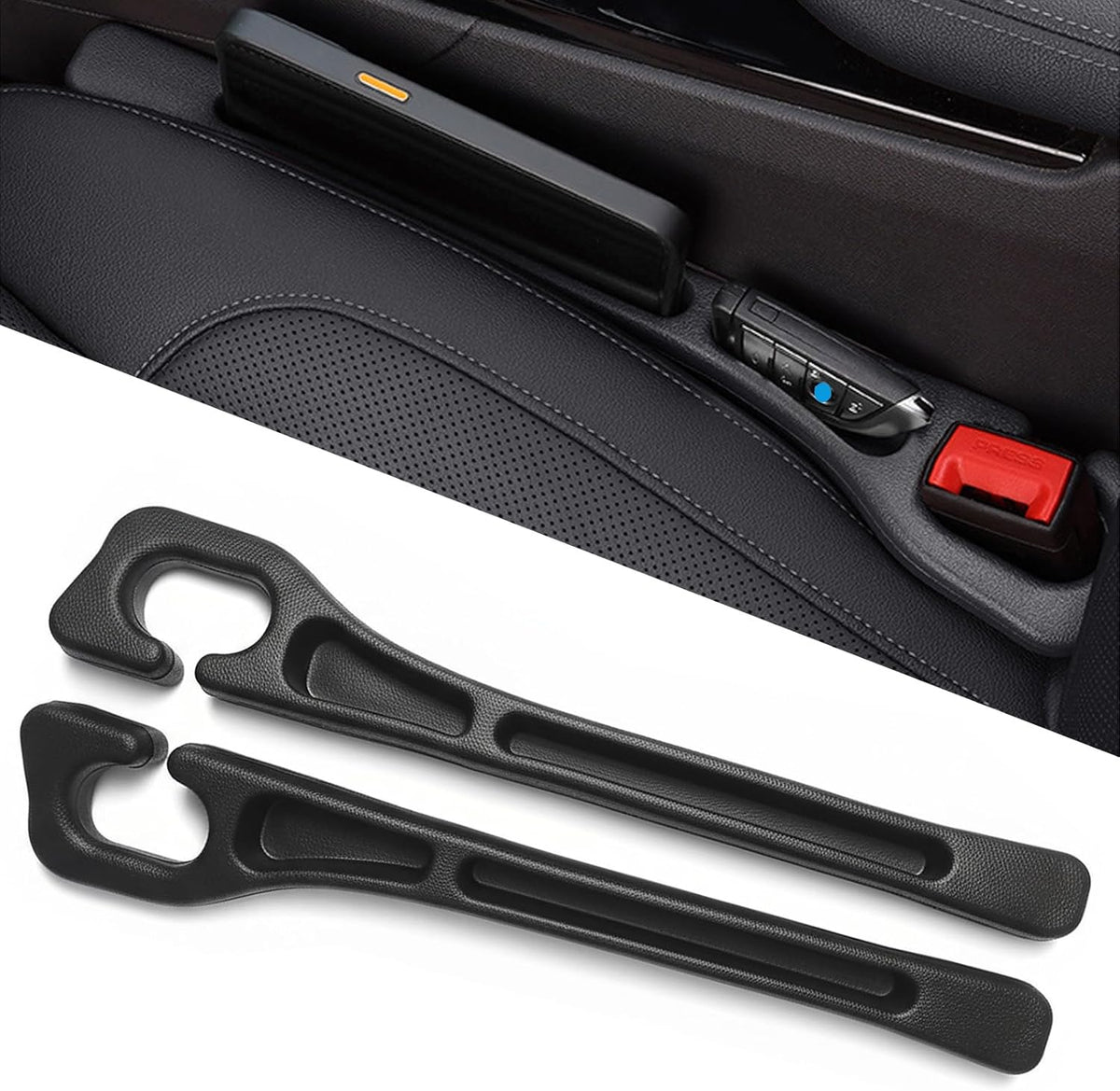 Car Seat Gap Filler Organizer of 2 – Universal Car Gap Seat Filler with Storage Pockets, No Drop Seat Guard for Phones, Keys & Cards, Car Accessories for Most Cars Trucks SUVs (Black)