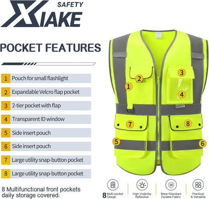 XIAKE Reflective Safety Vest for Men & Women High Visibility Class 2 Vest with Pockets Meets ANSI Standards