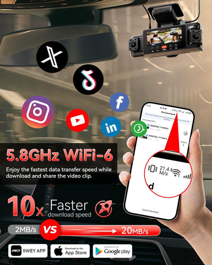 IIWEY N6 360° Dash Cam 4 Channel, 5.8G WiFi-6 (up to 20MB/s) with App, Free 128GB Card, FHD Front & Rear Inside Dash Cam for Car, 8 IR Lights Night Vision, GPS, 24/7 Parking Mode, G-Sensor
