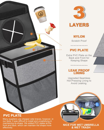 Pritent Car Trash Can with Lid, Cute Leakproof Car Trash Garbage Bag Hanging Vehicle Trash Bin Small Portable Automotive Garbage Cans Organizer for Back/Front Seat/Console(Trapezoid,Black)