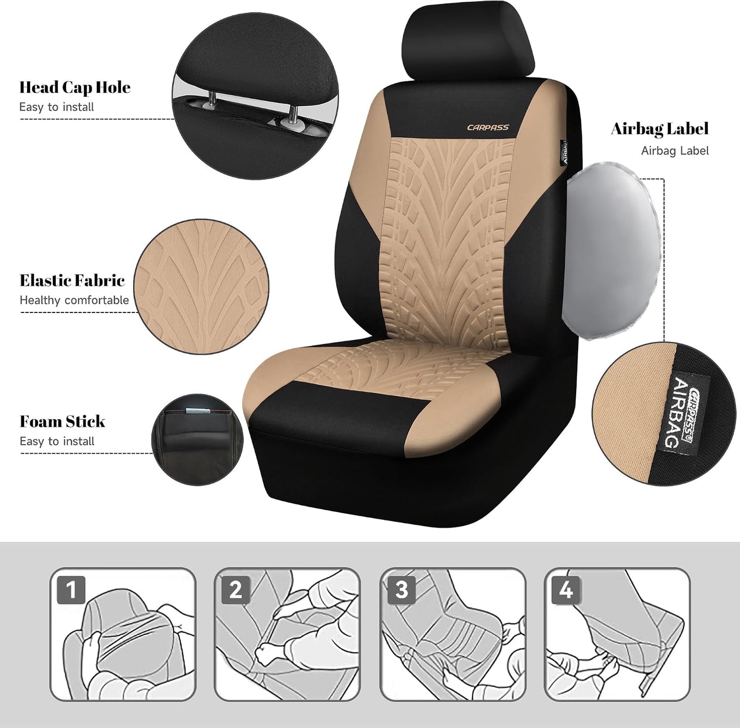 CAR PASS Car Seat Covers Full Sets, Front & Split Rear Bench for Car, 3D Tyre Embossed Automotive Interior Covers, Airbag Compatible, Quick Setup Universal Fit Seat Covers for Car, SUV(Charcoal)