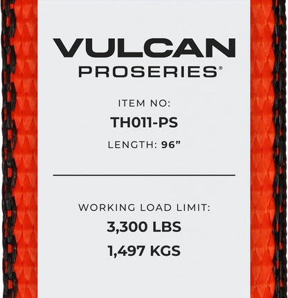 VULCAN Car Tie Down with Flat Hooks - Lasso Style - 2 Inch x 96 Inch - 4 Pack - Silver Series - 3,300 Pound Safe Working Load