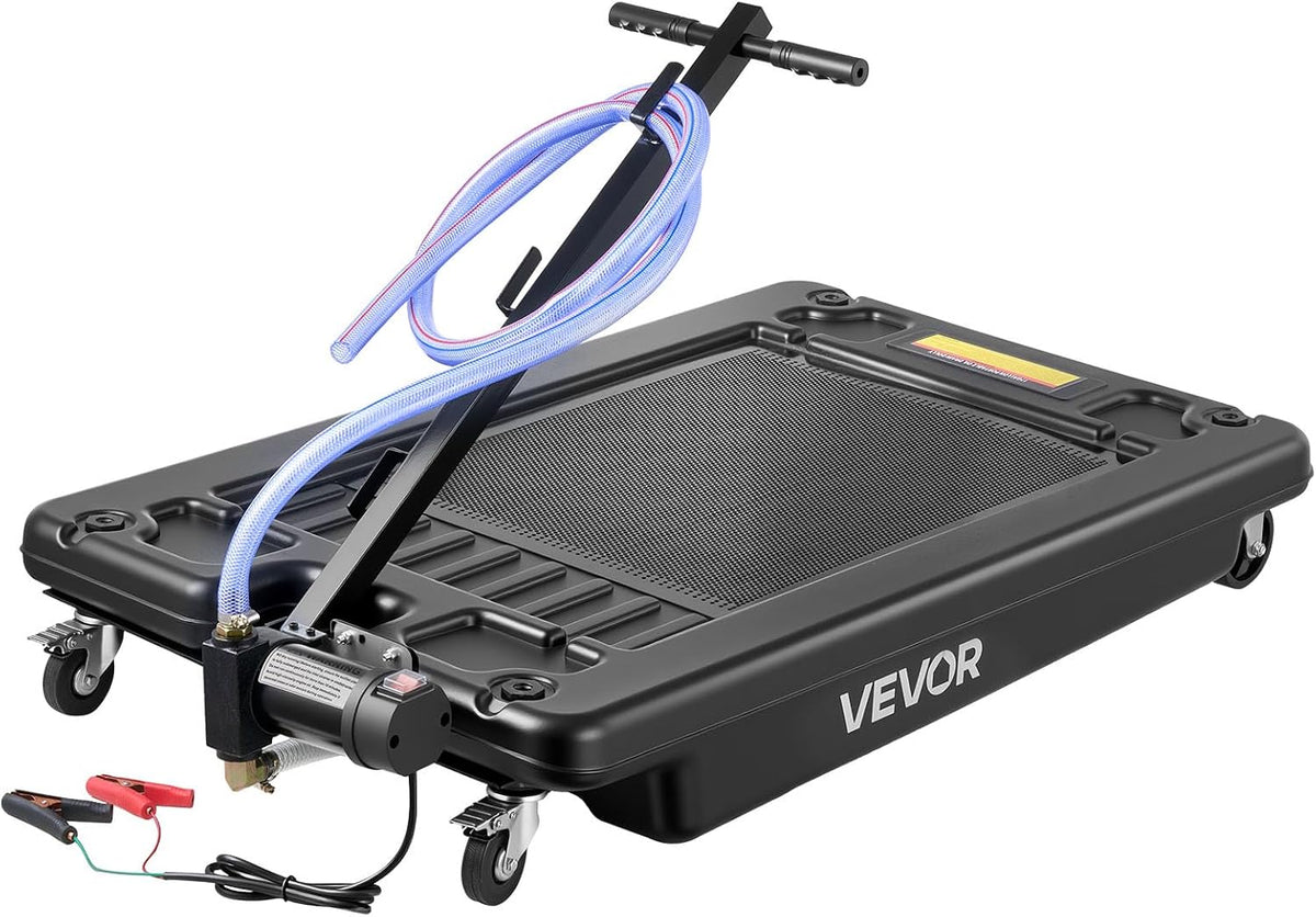 VEVOR Low Profile Oil Drain Pan, 17 Gal Capacity, Rolling Oil Drain Pan with 110V High-Flow Electric Pump, 7.2 ft Hose & T Folding Handle, Leak-proof & Corrosion-resistant, Fit for Trucks, ATVs, Black