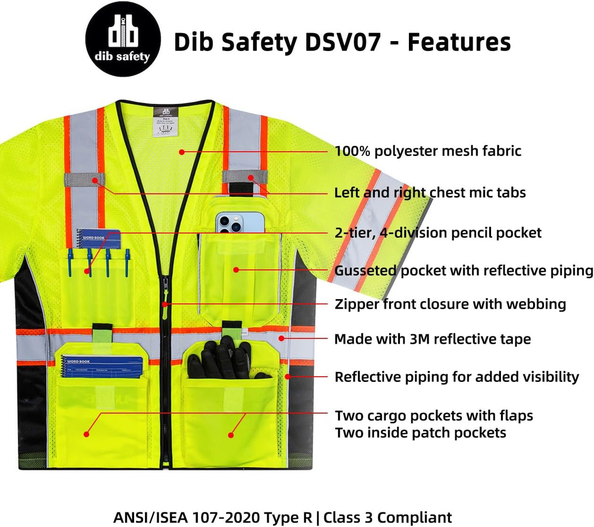 Dib Safety Reflective Mesh Vest ANSI Class 3, High Visibility with Pockets and Zipper, Made with 3M Reflective Tape, Yellow XL