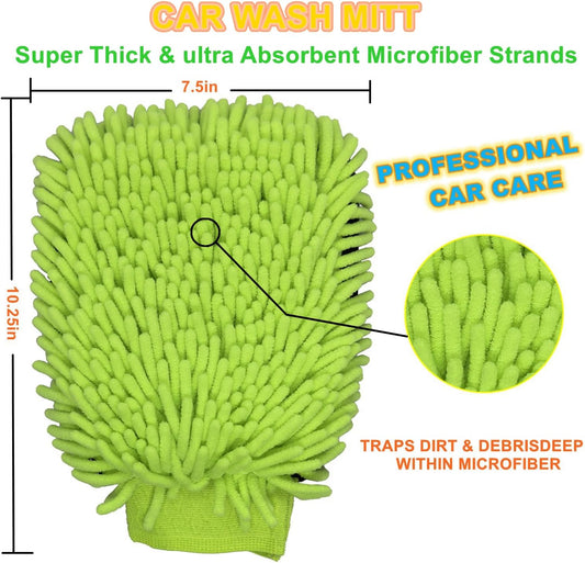 Car Wash Mitt Microfiber 2-PK, Scratch-Free & Lint-Free, Premium Chenille & Coral Fleece Double Sided, Waterproof Interior, Perfect for Car Washing & Detailing, 10.25" x 7.5", Green & Blue